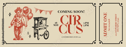 Hand drawn retro circus show ticket design. Vintage sketch vector illustration. Carnival and amusement background