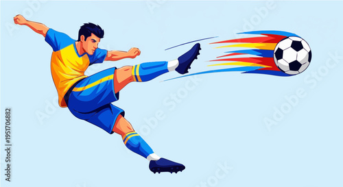 Dynamic cartoon soccer player kicking ball with colorful speed motion trail on light blue background vector illustration