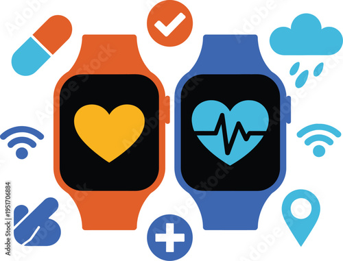 Smartwatch health icon set, flat design vector featuring two smartwatches with heart and heart rate displays surrounded by medical and tech symbols for digital fitness tracking.