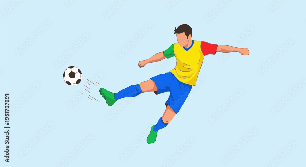 Fototapeta premium Dynamic soccer player kicking ball with green shoes on light blue background vector illustration