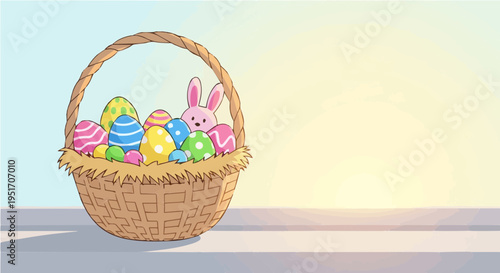 Large woven Easter basket full of colorful decorated eggs spring holiday vector illustration
