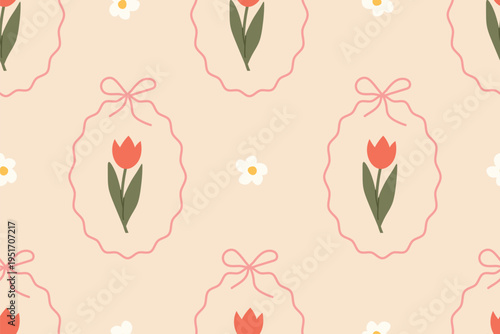 spring cottage style seamless pattern with tulip, daisy flowers and ribbons - vector illustration