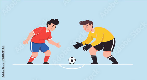 Two soccer players one in red one goalkeeper fighting for ball vector illustration