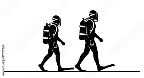 Two scuba divers walking side by side on land with gear and flippers on a plain background