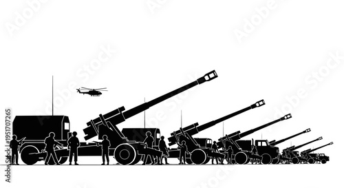 Military artillery vehicles and helicopter in black silhouette on white background for defense and war concepts