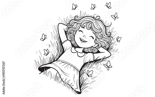 A serene woman reclining on a pillow surrounded by butterflies and flowers in a whimsical black and white illustration