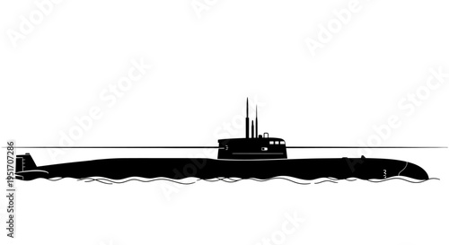 Black submarine silhouette floating on water surface with conning tower and periscope naval vessel