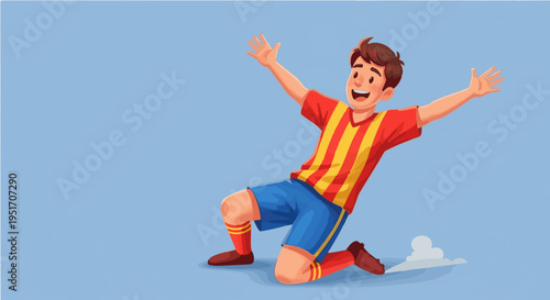 Happy cartoon soccer player kneeling celebrating goal with arms raised vector illustration