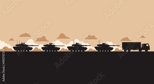 Military vehicles in combat zone with smoke and clouds war scene with tanks and trucks in desert landscape