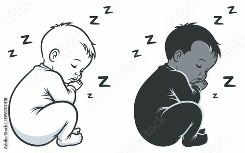 Sleeping baby and toddler cartoon illustration in black and white