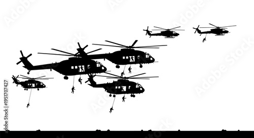 Military helicopters flying in formation with soldiers rappelling down ropes against a white background