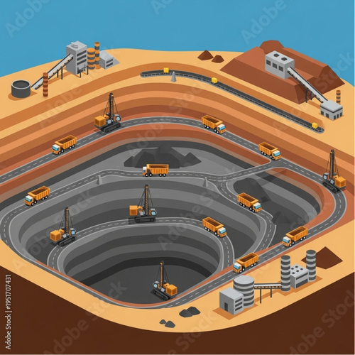 Isometric Open-Pit Mine with Trucks and Machinery Pixel Art.