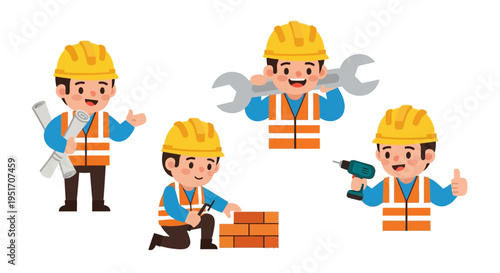 Construction Worker Character Set Builder Cartoon Vector Illustrations Isolated on White Background