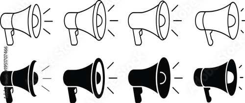 Set of eight megaphone in black and white outline and solid fill styles bullhorn
