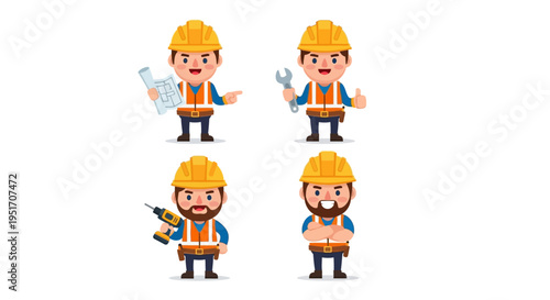 Construction Worker Character Set Builder Cartoon Vector Illustrations Isolated on White Background