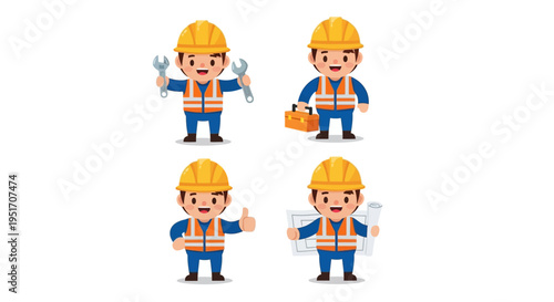 Construction Worker Character Set Builder Cartoon Vector Illustrations Isolated on White Background
