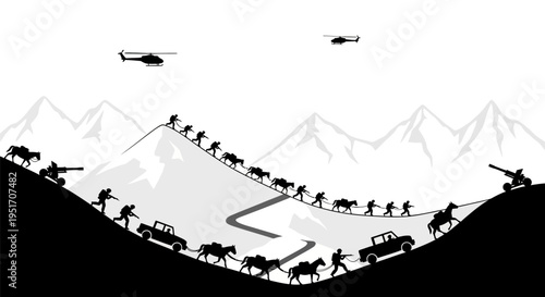 Military operation in mountainous terrain with helicopters and troops on foot and by vehicle
