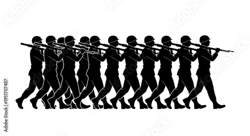 Soldiers marching in formation with rifles black silhouettes on white background military concept