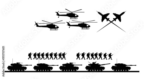 Military forces mobilization with soldiers tanks helicopters and fighter jets in black silhouette on white background