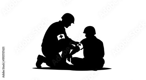 Medical professional providing aid to injured soldier in emergency situation with medical cross symbol