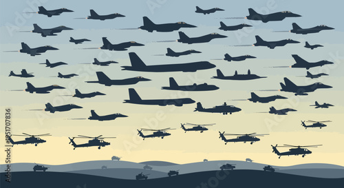 Large formation of military aircraft and helicopters flying over mountains at sunset