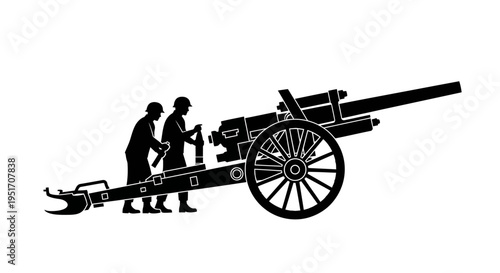 Silhouette of two soldiers operating a historic cannon with large wheel and long barrel on white background