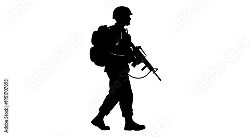 Soldier walking with backpack and rifle in hand on white background
