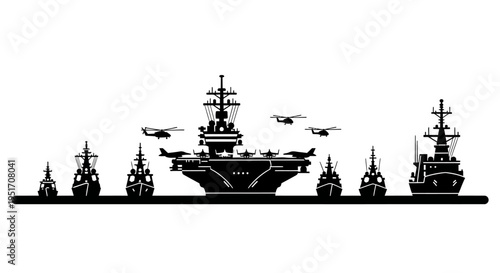 Naval fleet silhouette with aircraft carrier and warships on calm waters at dawn