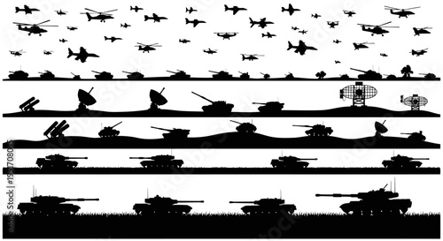 Military vehicles and aircraft silhouettes in combat landscape war machines concept