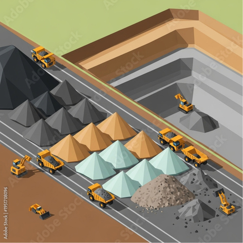Isometric Open-Pit Mining Operation with Trucks and Excavators.