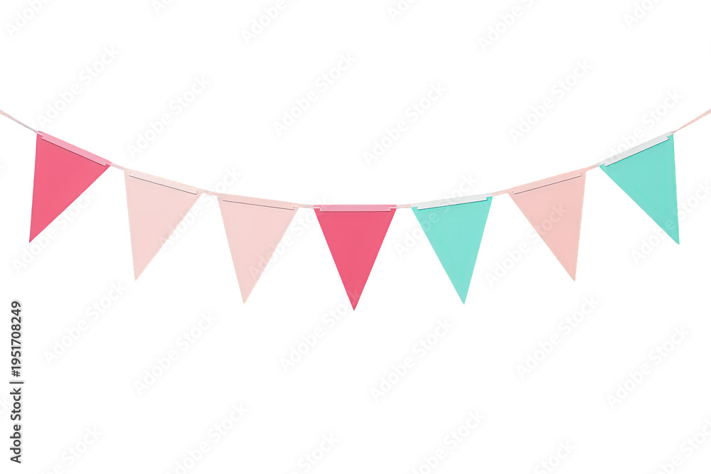 Obraz premium Bunting flags string with pastel pink and turquoise pennants decorating for a festive celebration on transparent background