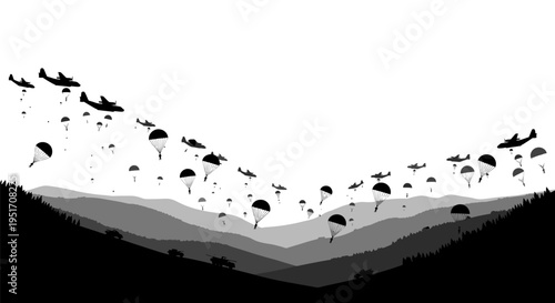 Parachuters jump from planes over mountains black and white illustration of adventure and thrill seekers in skydiving action
