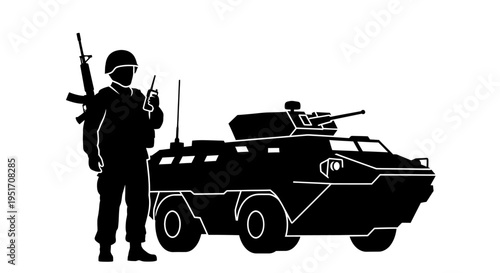 Soldier in tactical gear standing beside a military armored vehicle with a gun and radio