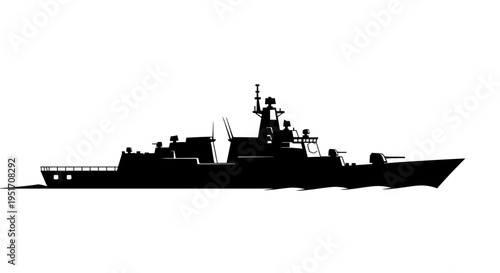 Silhouette of a modern naval warship with sleek design sailing on calm waters against a plain white background
