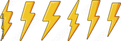 Six yellow lightning bolt with black outlines and orange shading thunderbolt electricity