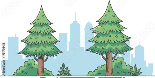 Illustration of two evergreen trees in front of a city skyline