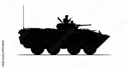 Silhouette of military armored vehicle with soldiers and gun side view on white background concept of defense and security