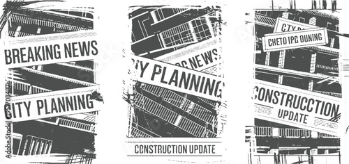Three panels of distressed black and white newspaper clippings about city planning and construction updates