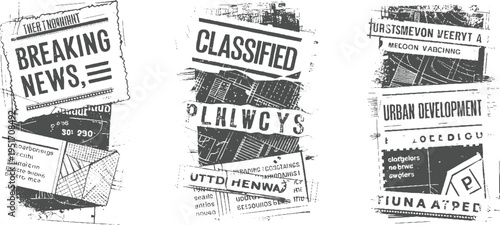 Collage of distressed newspaper clippings with headlines breaking news classified and urban development