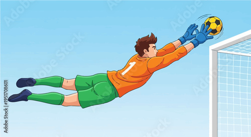 Dynamic cartoon soccer goalkeeper diving to save the ball at goal net in action pose vector illustration