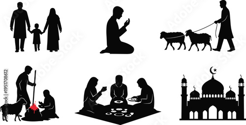 Eid al‑Adha silhouettes with family, prayer, sheep sacrifice, communal meal, mosque icons, Islamic culture design, religious festival illustration bundle