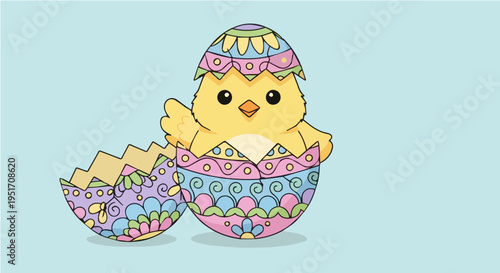 Yellow chick breaking out of cracked colorful decorated Easter egg joyful spring scene vector illustration