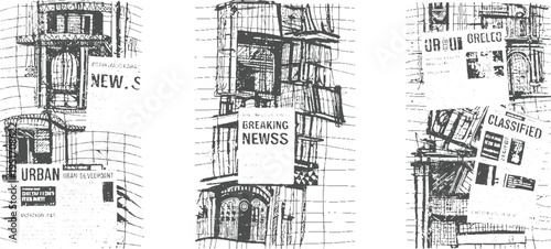 Hand drawn of urban buildings with newspaper headlines about breaking news and classified ads architecture