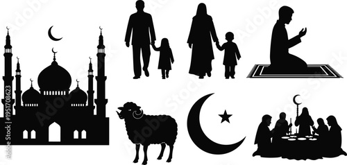 Islamic culture silhouettes with mosque, family, ram, crescent moon, prayer, communal meal icons, Eid celebration design, religious festival bundle