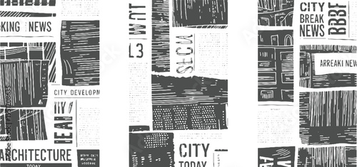 Newspaper clippings with architectural and city news headlines and textured blocks architecture