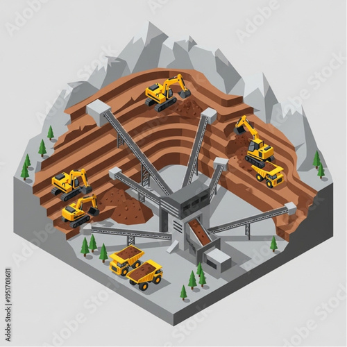 Isometric Pixel Art Mining Operation with Heavy Machinery and Conveyor Belts.