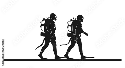 Two scuba divers walking side by side in black silhouette with diving gear on white background