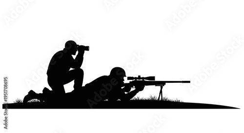 Soldiers in tactical position with sniper rifle and binoculars in grassy field for military or hunting purposes