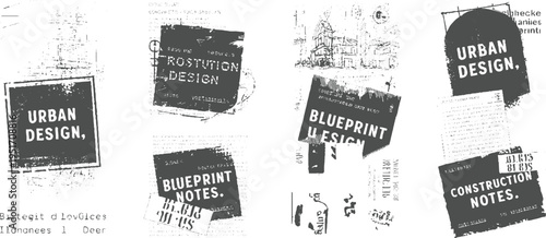 Collage of distressed urban and blueprint notes with architectural construction architecture