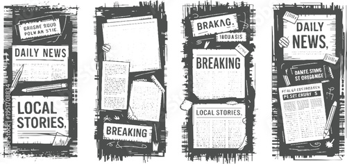Four newspaper style panels with headlines daily news local stories and breaking news in a rough style